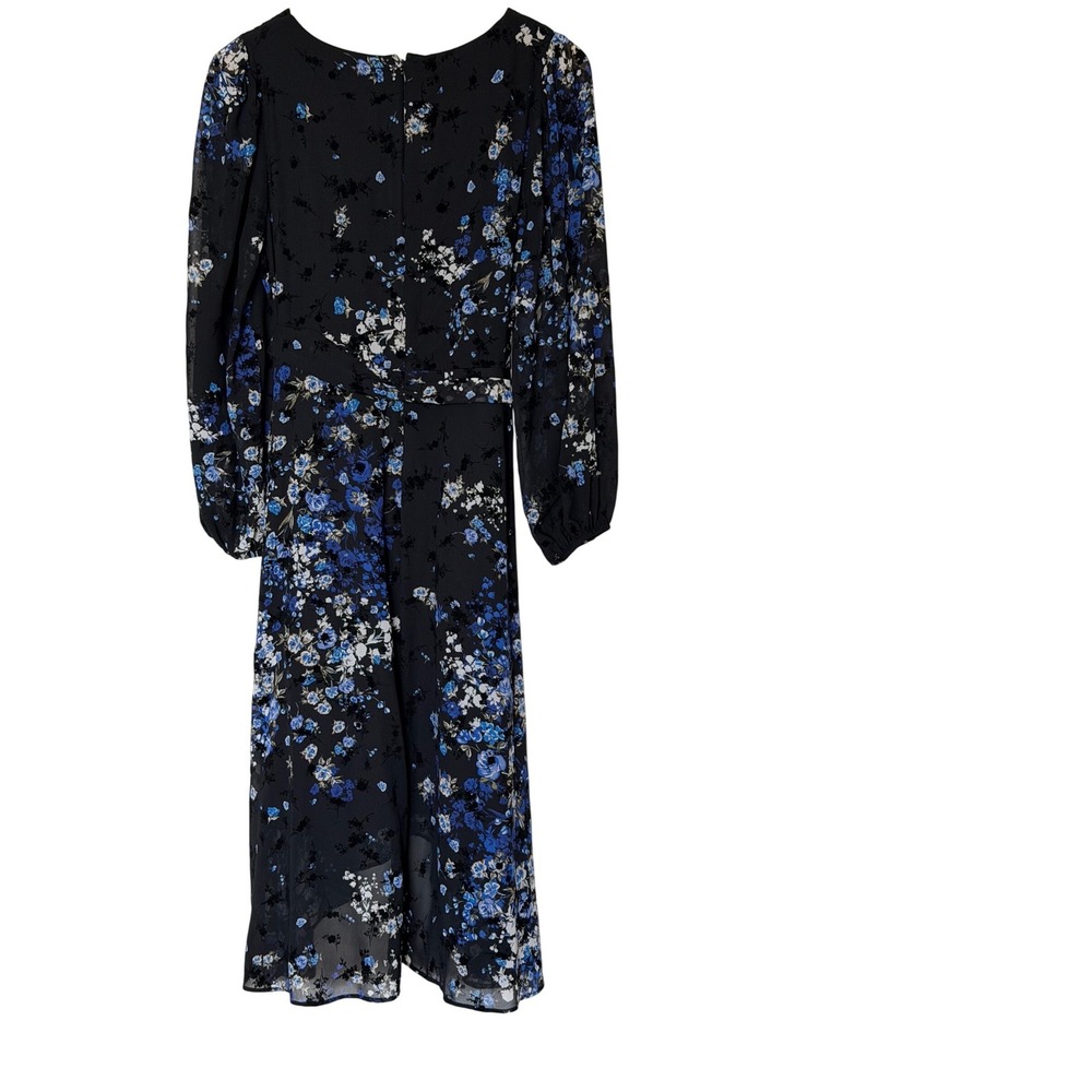 DKNY Womens Blue Floral Faux Wrap Midi Dress Long Sleeve Burnout Chiffon Size 12 - Picture 5 of 7